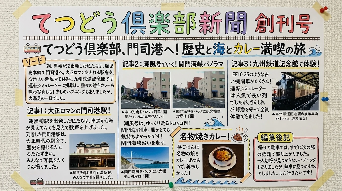 Geminiが生成した「てつどう倶楽部新聞 創刊号」の紙面画像。大見出し、リード、記事3本、写真、名物焼きカレーのコーナー、編集後記が1枚に組まれている
