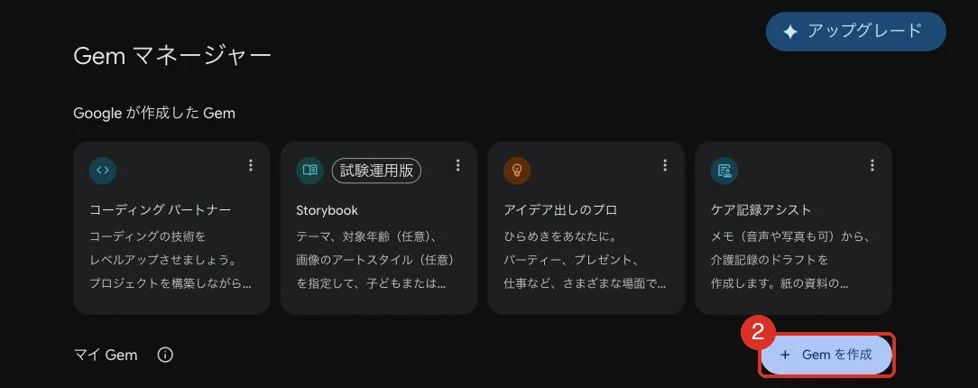 Gem マネージャーの画面。Google が作成した Gem（コーディング パートナー、Storybook、アイデア出しのプロ、ケア記録アシスト）の下に、マイ Gem と「Gem を作成」ボタンがあり、ボタンを赤枠で示している