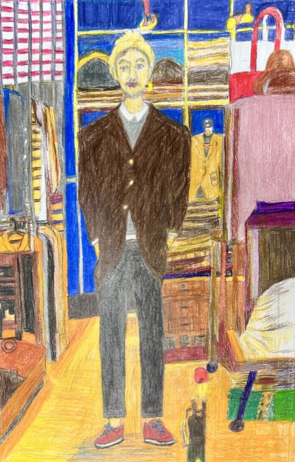 部屋に立つ人物を描いた色鉛筆画